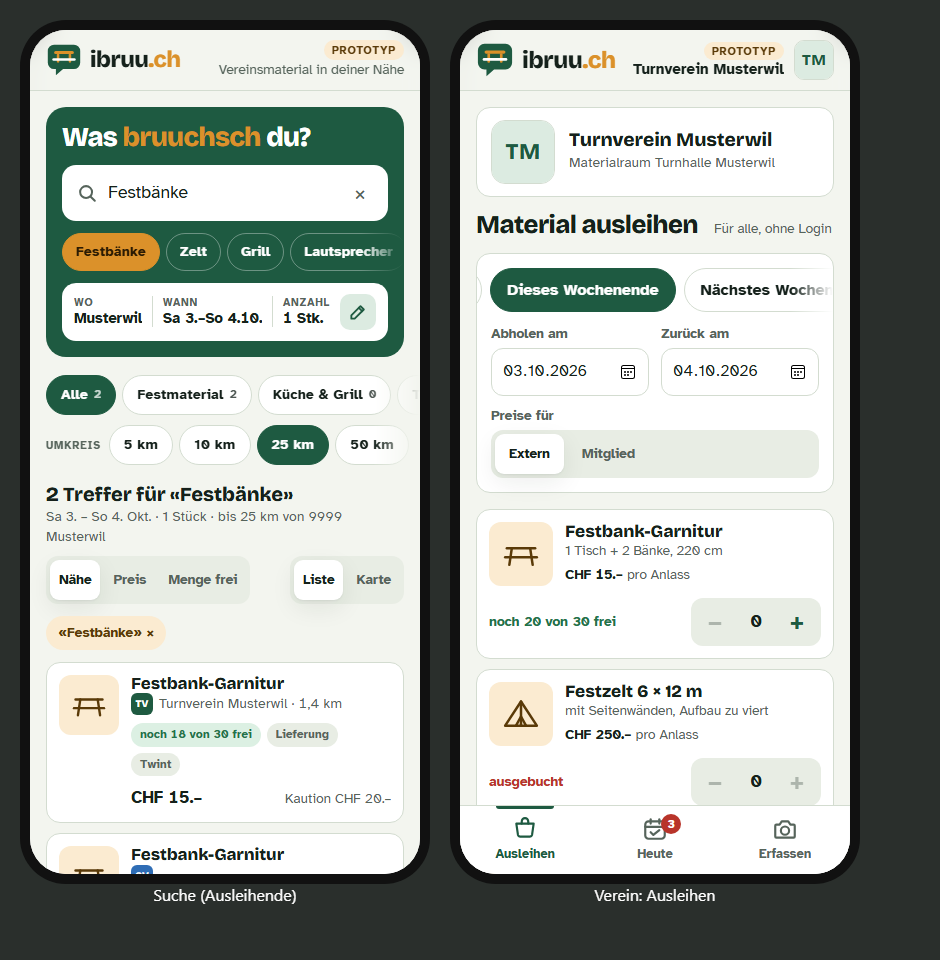 ibruu auf dem Handy: links die Suche nach Festbänken mit Verfügbarkeit, rechts die Ausleihe eines Vereins mit Datumsauswahl und Materialliste